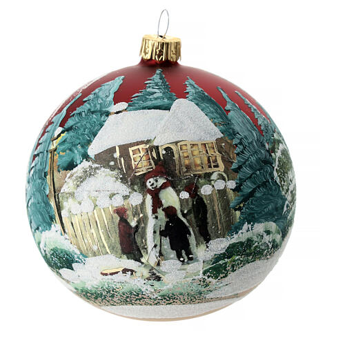 Christmas bauble in red blown glass with decoupage snowman 100mm 1