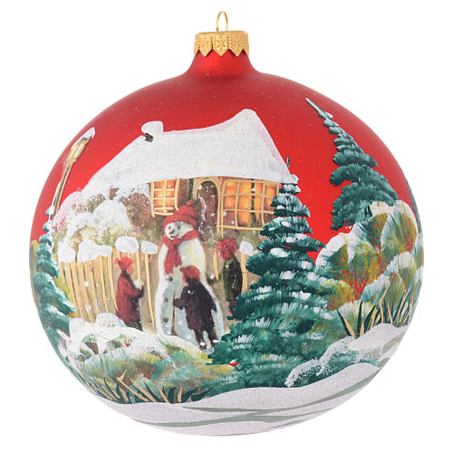 Christmas bauble in red blown glass with decoupage snowman 150mm 1