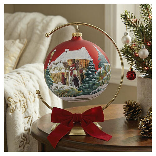 Palla Albero vetro rosso decoupage pupazzo neve 150 mm 2