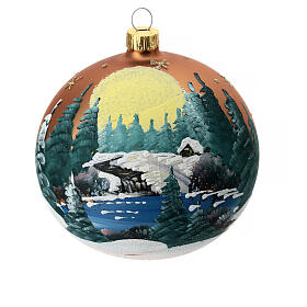 Christmas bauble in orange blown glass with decoupage landscape 100mm