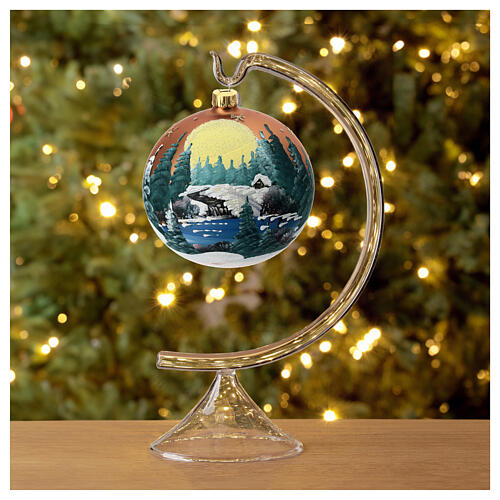 Christmas bauble in orange blown glass with decoupage landscape 100mm 3
