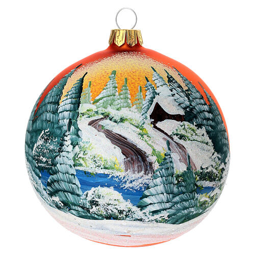 Christmas bauble in orange blown glass with decoupage landscape 100mm 1