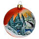 Christmas bauble in orange blown glass with decoupage landscape 100mm s4