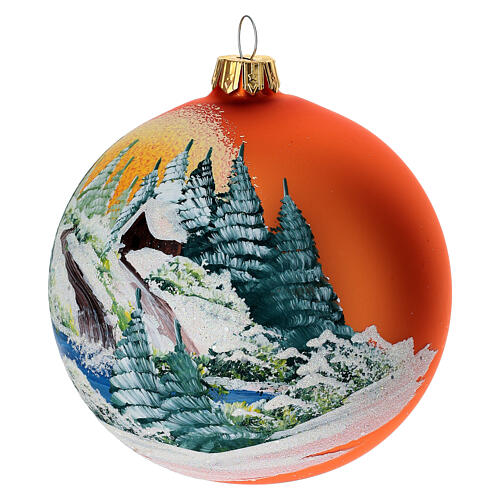 Christmas bauble in orange blown glass with decoupage landscape 100mm 3