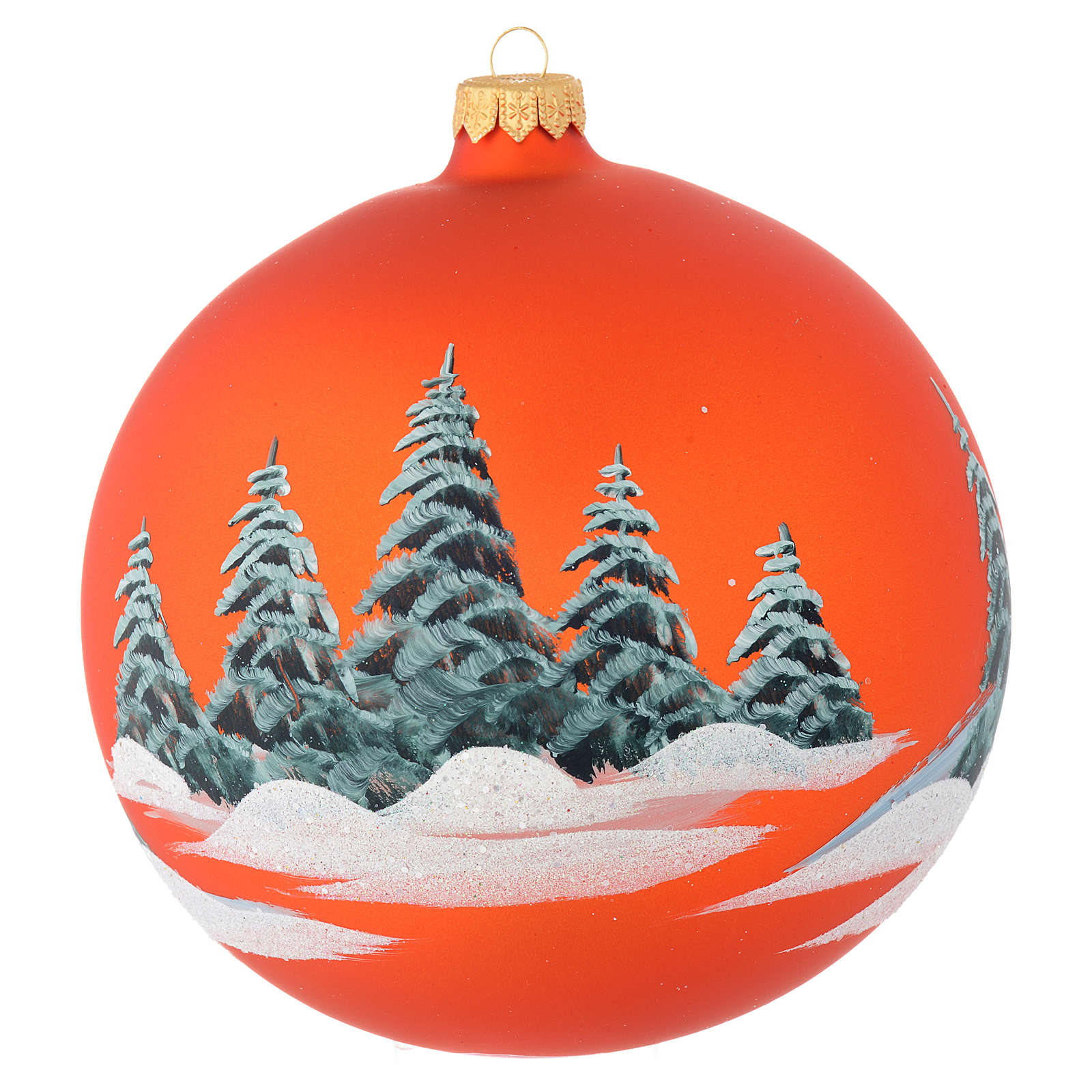 Christmas bauble in orange blown glass with decoupage landscape 150mm