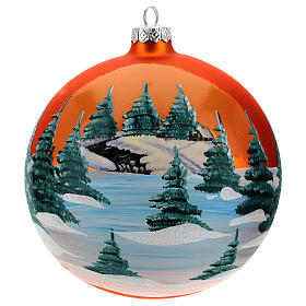 Christmas bauble in orange blown glass with decoupage landscape 150mm
