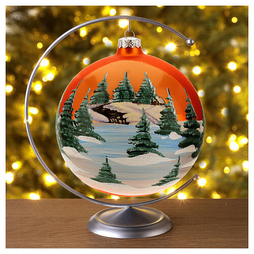 Christmas bauble in orange blown glass with decoupage landscape 150mm 2