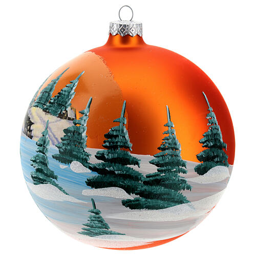 Christmas bauble in orange blown glass with decoupage landscape 150mm 3
