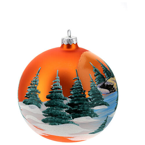 Christmas bauble in orange blown glass with decoupage landscape 150mm 4