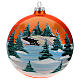 Christmas bauble in orange blown glass with decoupage landscape 150mm s1