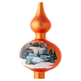 Christmas tree topper in orange blown glass with decoupage landscape