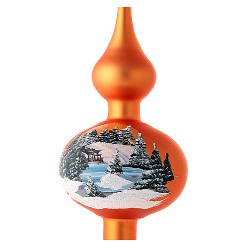 Christmas tree topper in orange blown glass with decoupage landscape 2