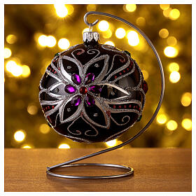 Christmas bauble in blown glass with floral silver and black decoration 100mm