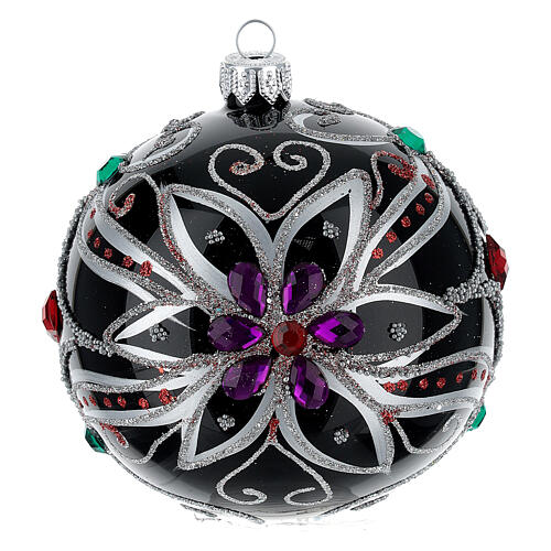 Christmas bauble in blown glass with floral silver and black decoration 100mm 1