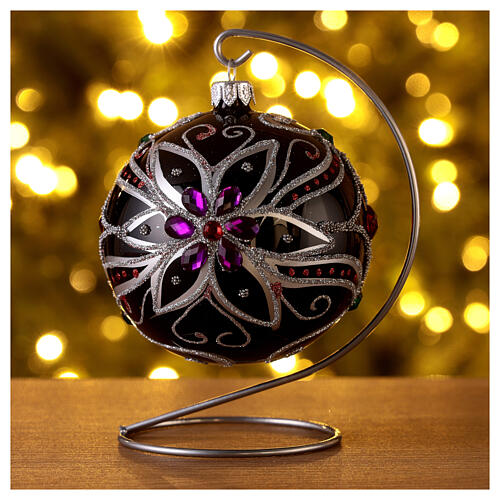 Christmas bauble in blown glass with floral silver and black decoration 100mm 2