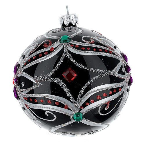 Christmas bauble in blown glass with floral silver and black decoration 100mm 3
