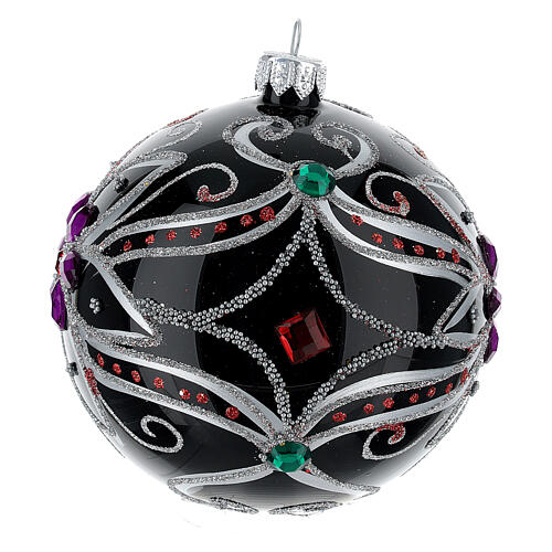 Christmas bauble in blown glass with floral silver and black decoration 100mm 4