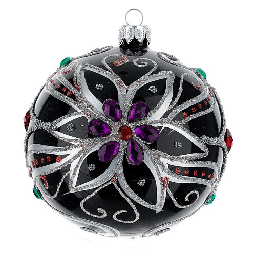 Christmas bauble in blown glass with floral silver and black decoration 100mm 5
