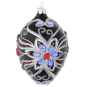Oval Christmas bauble in blown glass with floral silver and black decoration 130mm