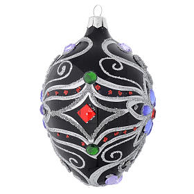 Oval Christmas bauble in blown glass with floral silver and black decoration 130mm