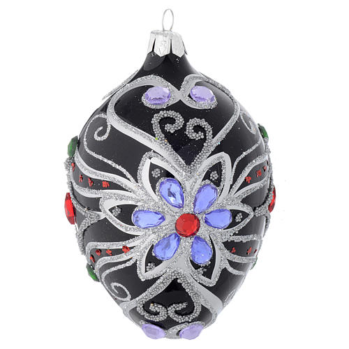 Oval Christmas bauble in blown glass with floral silver and black decoration 130mm 1