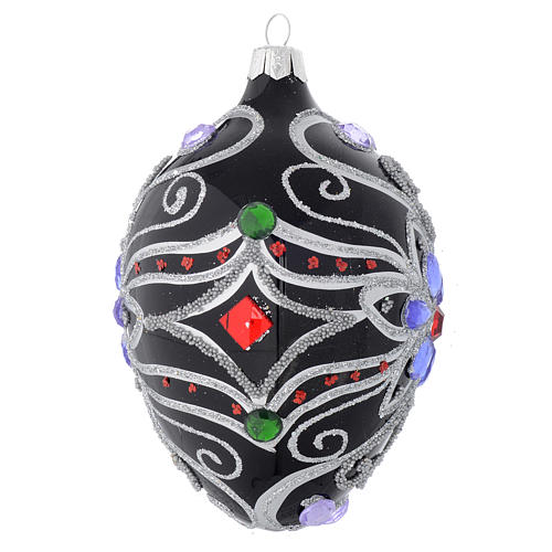 Oval Christmas bauble in blown glass with floral silver and black decoration 130mm 2