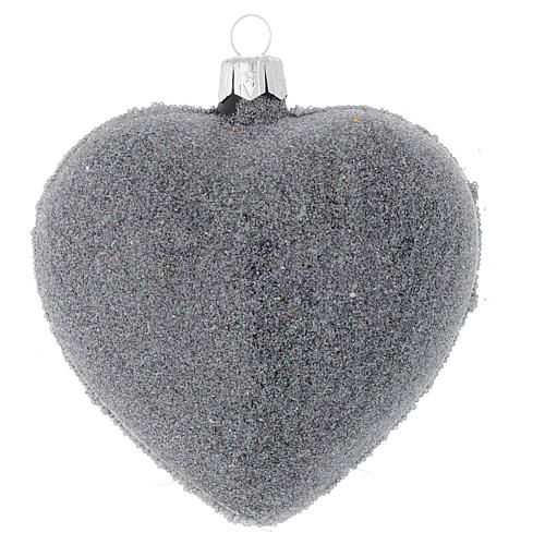 Heart shaped Christmas bauble in blown glass with floral silver and black decoration 100mm 2