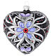 Heart shaped Christmas bauble in blown glass with floral silver and black decoration 100mm s1