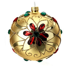 Christmas bauble in blown glass with floral gold and red decoration 100mm