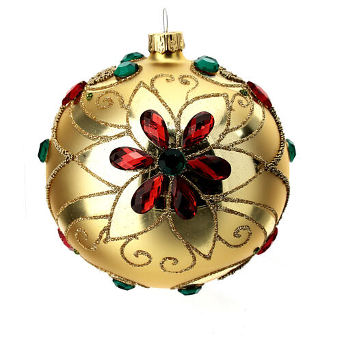 Christmas bauble in blown glass with floral gold and red decoration 100mm 1