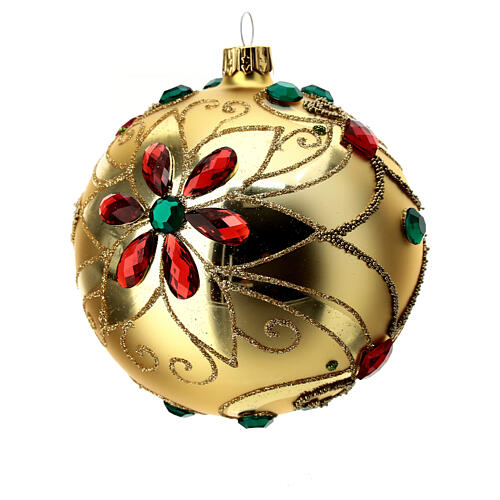 Bola de Navidad vidrio soplado decoración floral oro y rojo 100 mm 7