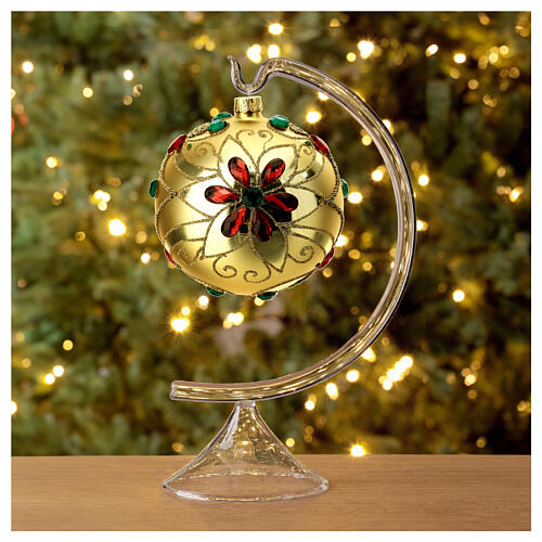 Pallina Natale in vetro soffiato decoro floreale oro e rosso 100 mm 4