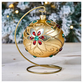 Christmas bauble in blown glass with floral gold and red decoration 100mm