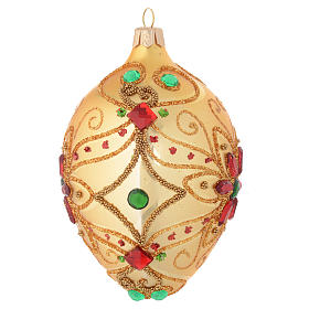 Bola de Navidad oval de vidrio soplado decoración floral oro y rojo 130 mm