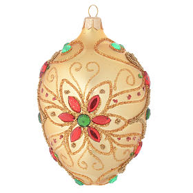 Palla Natale ovale in vetro soffiato decoro floreale oro e rosso 130 mm