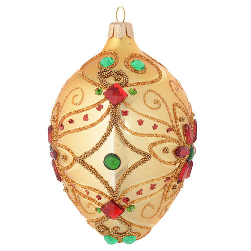 Bola Natal oval em vidro soprado decoro floral ouro e vermelho 130 mm 2