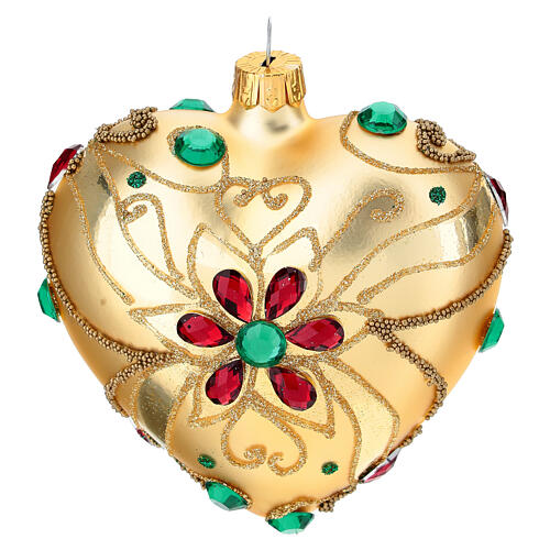 Heart shaped Christmas bauble in blown glass with floral decoration 100mm 1