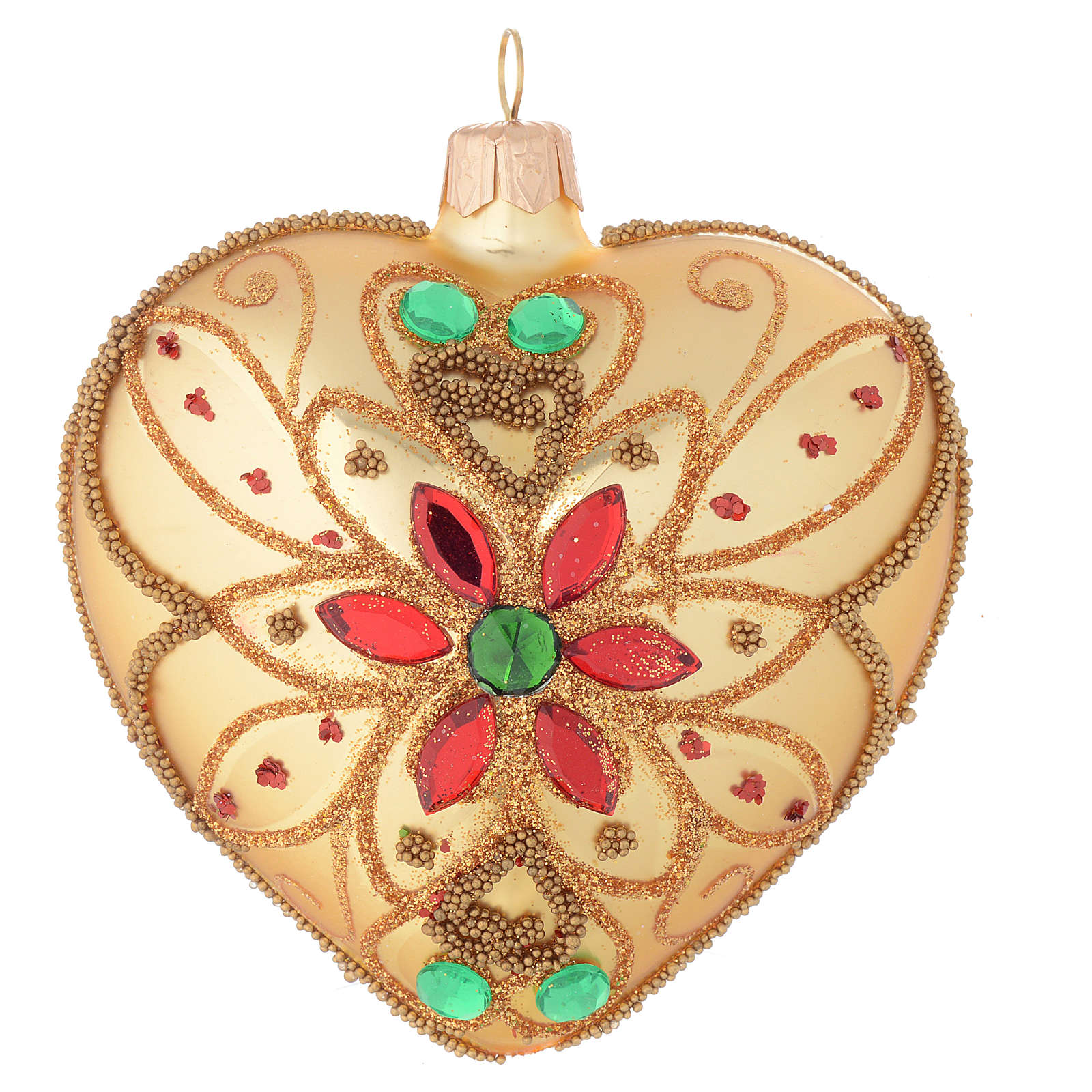 Boule Noël coeur en verre or décor florale 100 mm vente en ligne sur