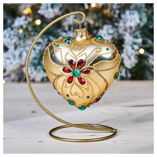 Boule Noël coeur en verre or décor florale 100 mm 2