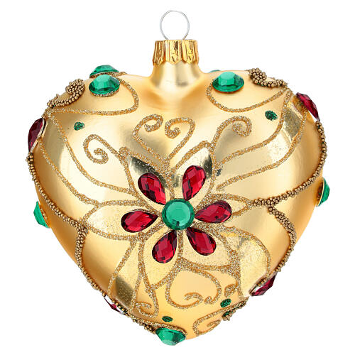 Pallina Natale forma di cuore vetro oro decoro floreale 100 mm 4