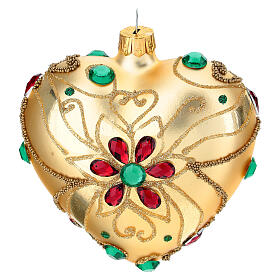 Enfeite Natal forma de coração vidro ouro motivo floral 100 mm