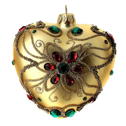 Heart shaped Christmas bauble in blown glass with floral decoration 100mm 1