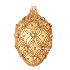 Oval Christmas bauble in gold blown glass with decorations in relief 130mm