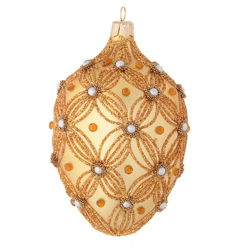 Oval Christmas bauble in gold blown glass with decorations in relief 130mm 1