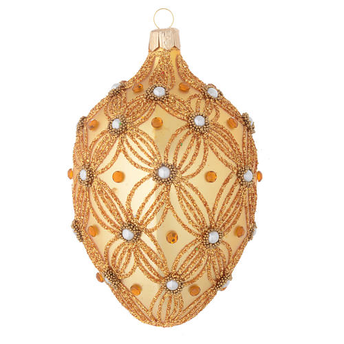 Oval Christmas bauble in gold blown glass with decorations in relief 130mm 2