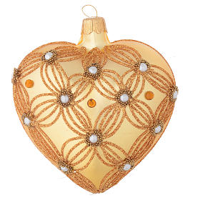 Heart Shaped Christmas bauble in gold blown glass with decorations in relief 100mm