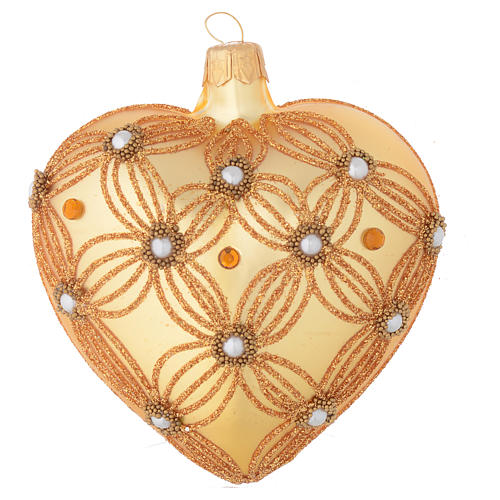 Heart Shaped Christmas bauble in gold blown glass with decorations in relief 100mm 1