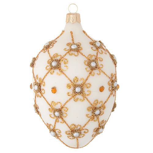 Oval Christmas bauble in ivory and gold blown glass 130mm 1