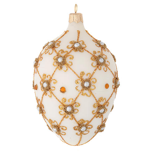 Oval Christmas bauble in ivory and gold blown glass 130mm 2