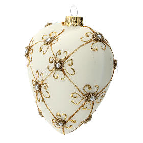 Heart Shaped Christmas bauble in blown glass with ivory and gold decorations 100mm